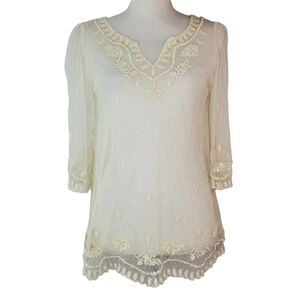 Sundance Overlay Blouse Womens XS Sheer Embroidered Lace 3/4 Sleeve V Neck